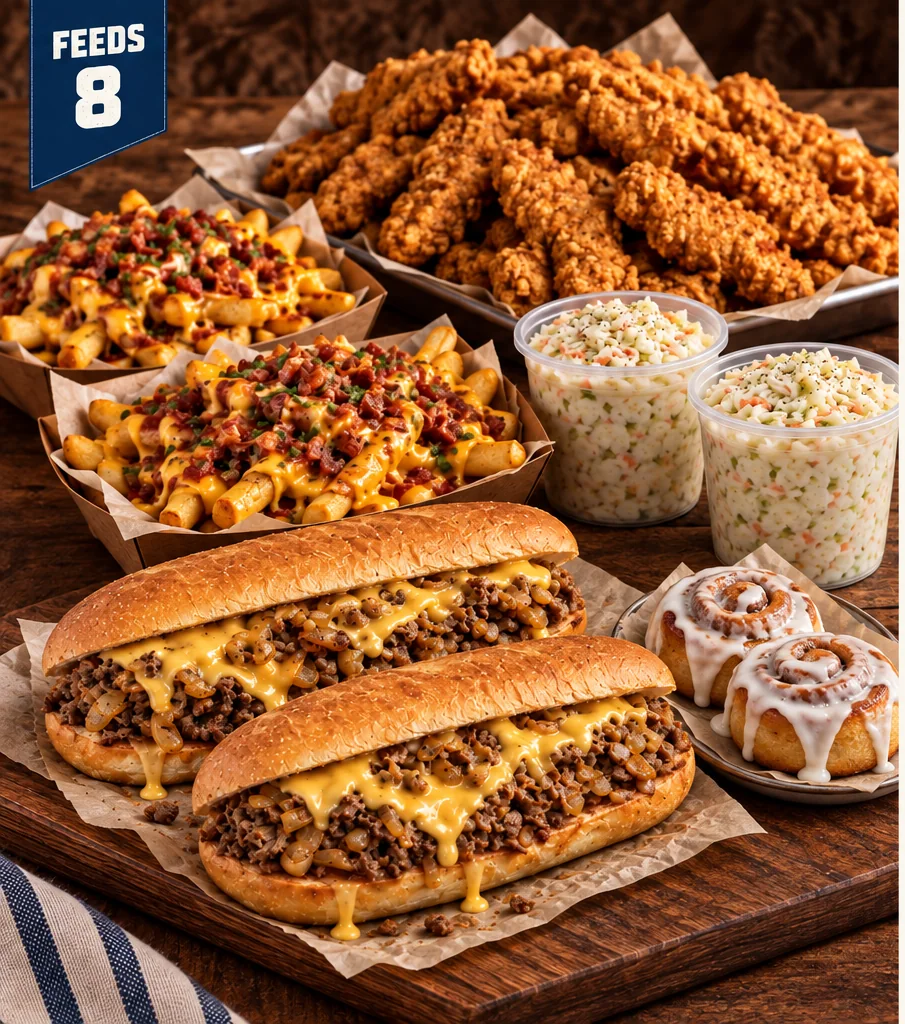 Two cheesesteaks, chicken tenders, coleslaw and cinnamon buns laid out for a family meal